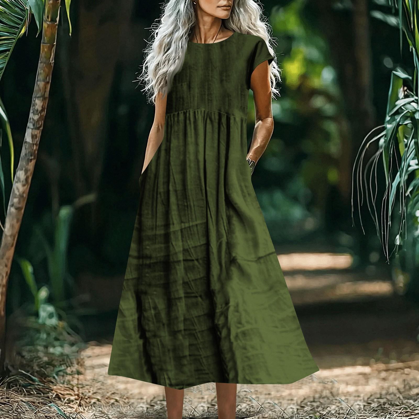 

Women s Fashionable -color Cotton And Linen Sleeveless Loose Pocket Dress XL зелений