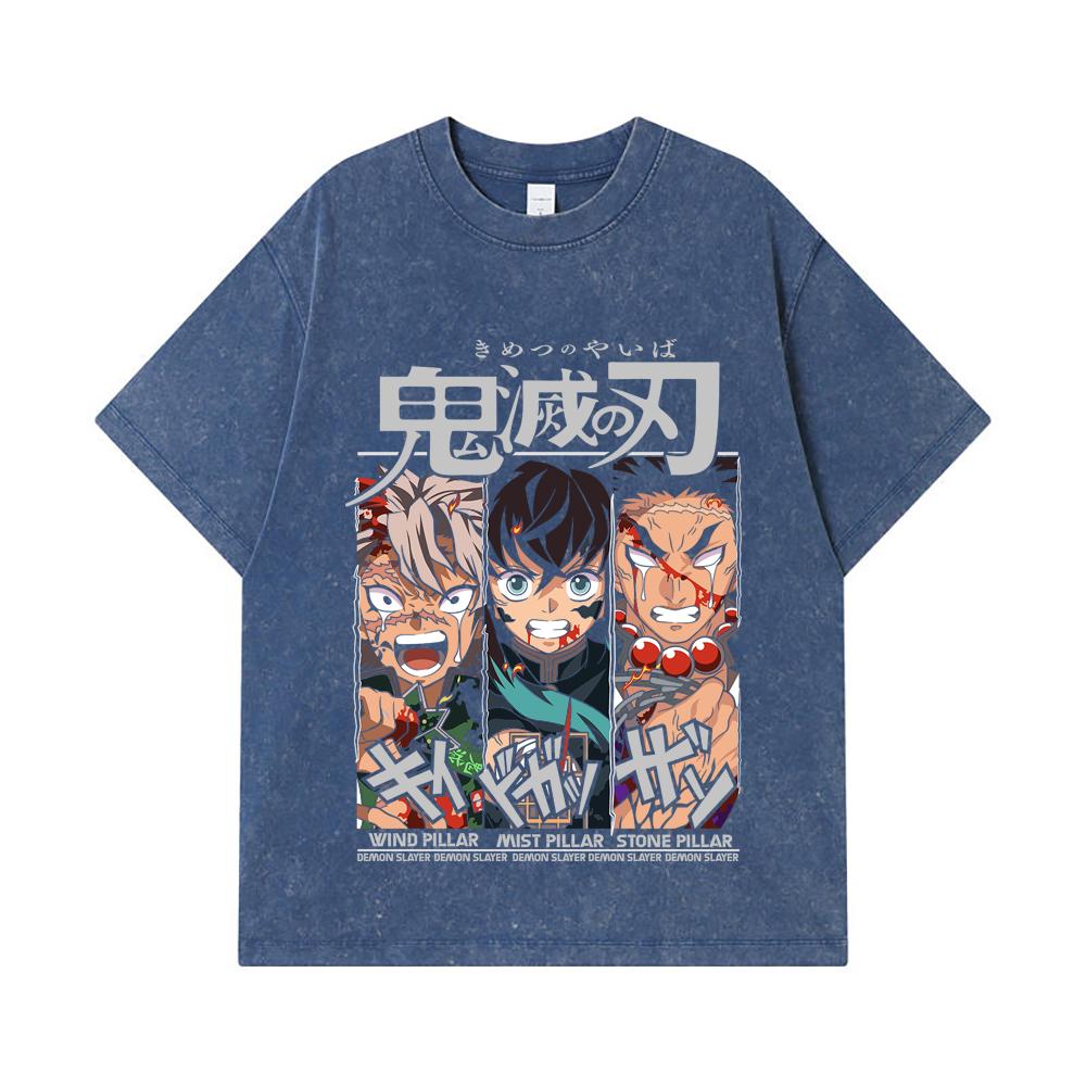 

275 GSM Washed T-shirts 100% Cotton Demon Slayer V60 Pillars Print Unisex Heavy Cotton T Shirt 2XL королівський синій колір