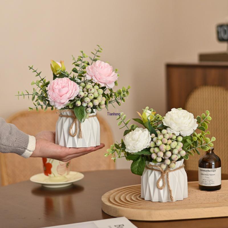 Small Artificial Potted Flower Arrangement – Fake Green Plant for Living Room Décor