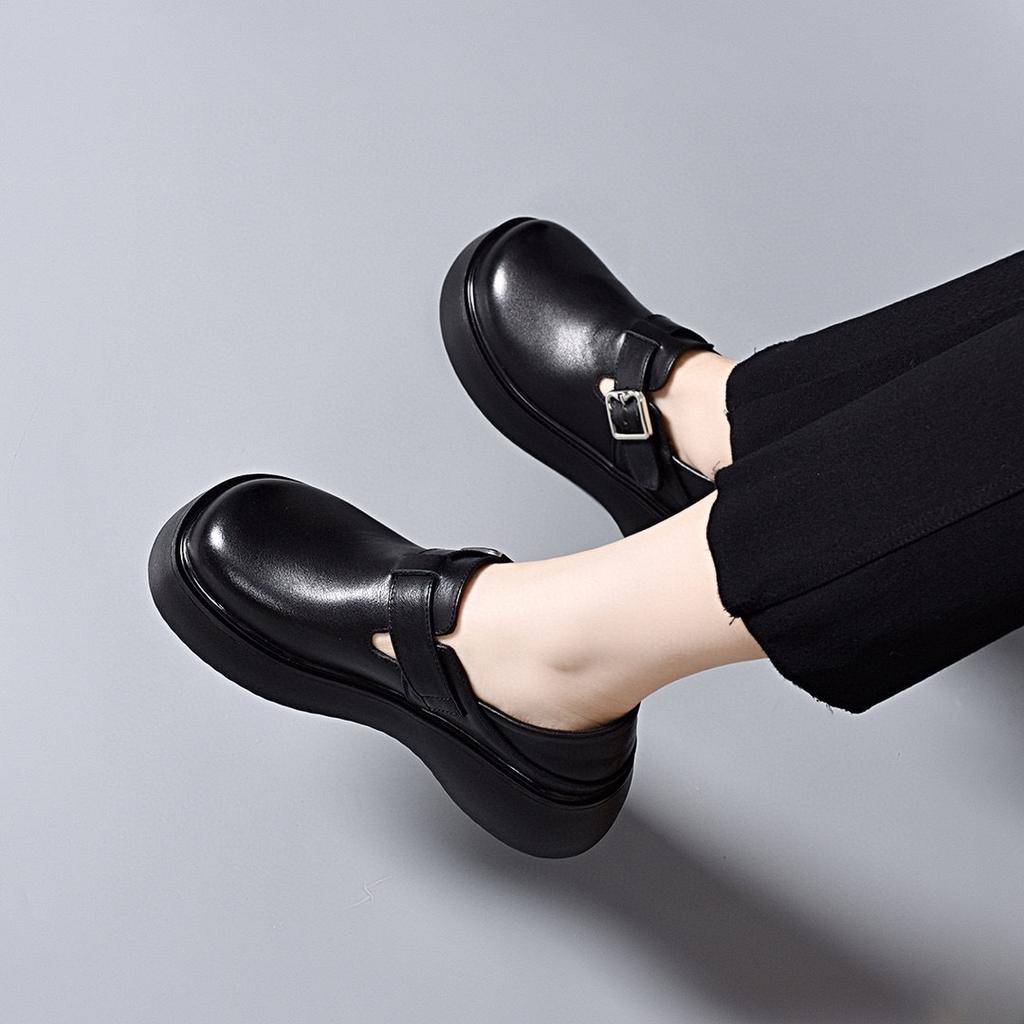 Platform shoes women's spring new round head belt buckle deep mouth single shoes one shoe two wear British small leather shoes