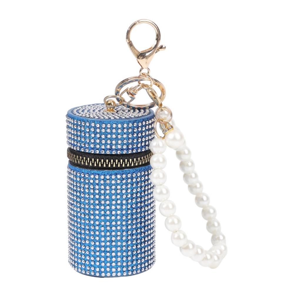 Simple Rhinestone Lipstick Bag Zipper with Keychain Coin Purse Mini Cylindrical Coin Bag