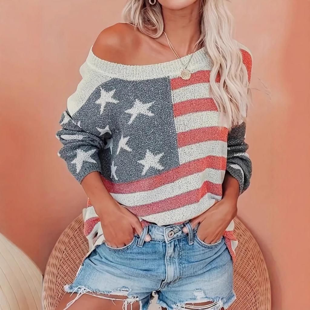 Women's US Flag Print Long Sleeve Knit Sweater Top Spring Summer