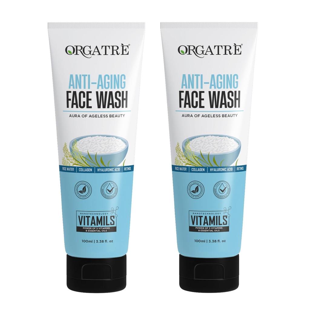Orgatre Anti-Aging Face Wash for Men & Women | With Rice Water, Collagen, Hyaluronic Acid & Retinol | Gentle Cleanser for Wrinkles, Fine Lines, Hyd