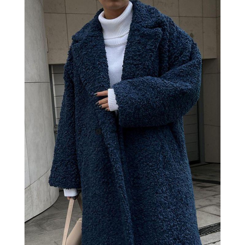 

2025 Amazon Autumn and Winter New Cross-Border Women clothes Temperament Commuter Coat Long sleeve Lapel Plush Outerwear Coat Navy blue L