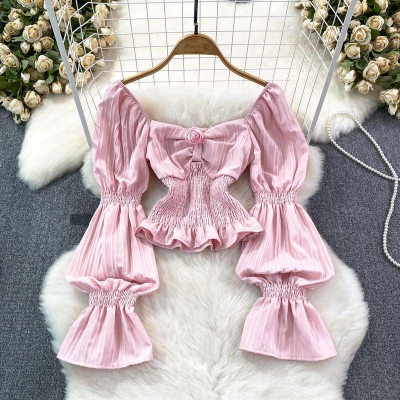 

Sweet Sexy Trumpet Long Sleeves Lotus Leaf Swing Silm Flowers Pink One size