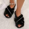 Fashion Women's Warm Plush Cross Strap House Slippers Fashion Chain Decor Fluffy Fur Slides Woman Autumn Winter Open Toe Furry Slippers