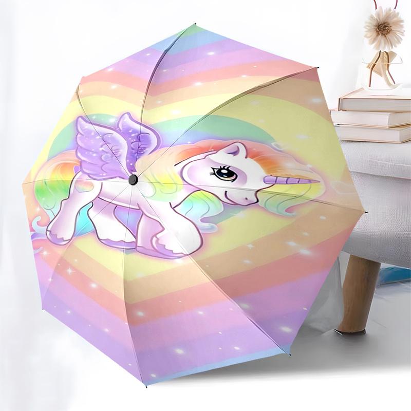 Rainbow Heart Unicorn Automatic Folding Umbrella: Portable 3-Fold Design with Iron Frame, Perfect for Fans and Outdoor Use0104407a