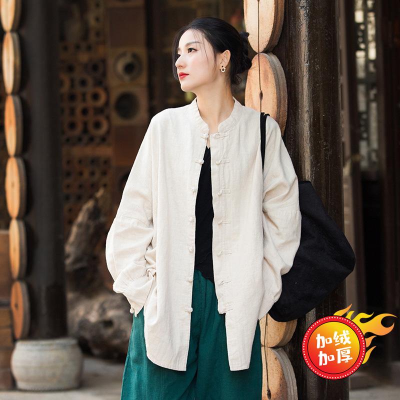 Cotton and linen women's top, new Chinese style cardigan, spring and autumn coat, zen loose tea clothes, button-down long-sleeved shirt