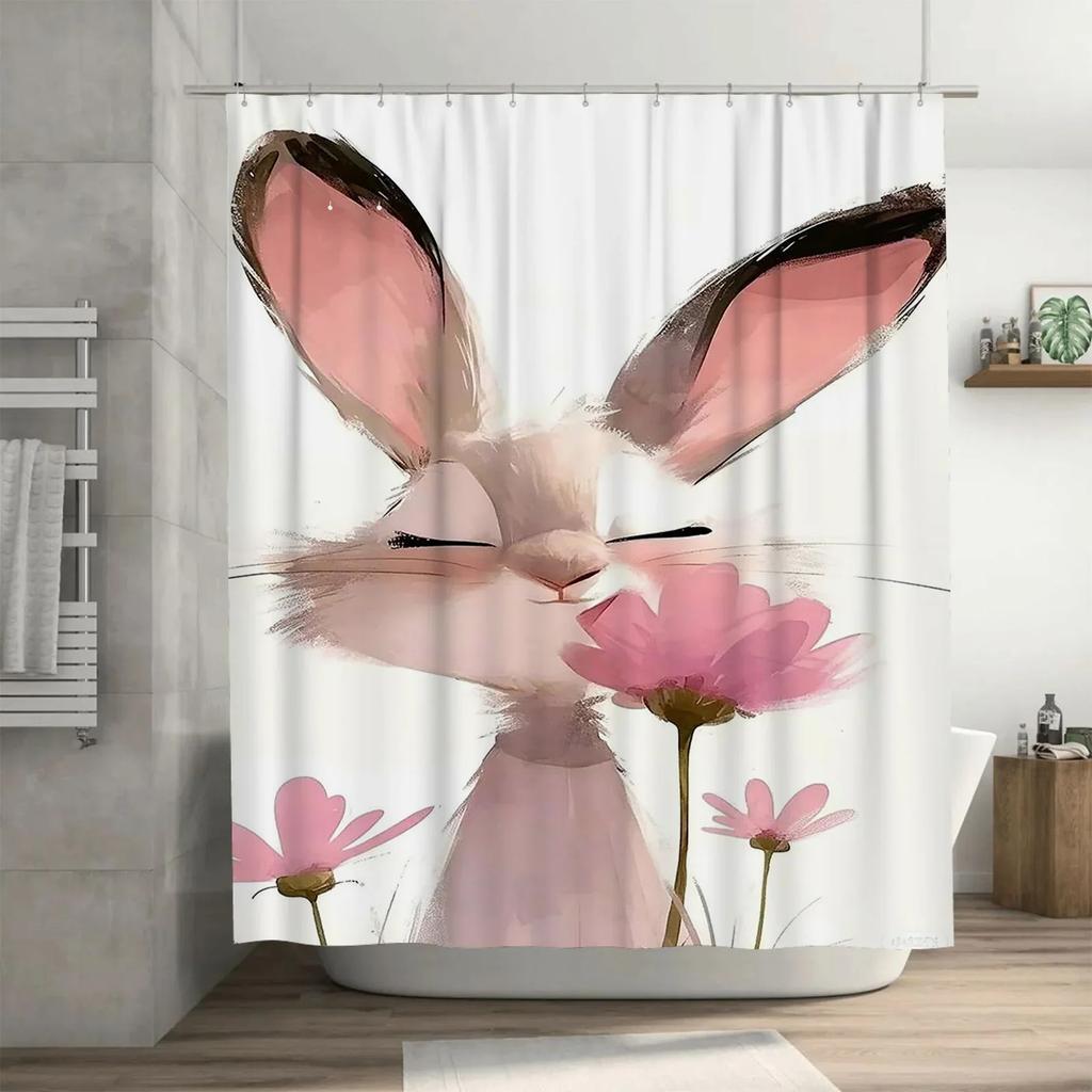 Cute Bunny with Pink Flowers Design Waterproof Shower Curtain Heat Resistant Machine Washable Non-Transparent 180x180cm