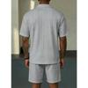 Men Cable Knit Texture 2 Piece Outfit Short Sleeve Polo Shirt And Casual Shorts Set