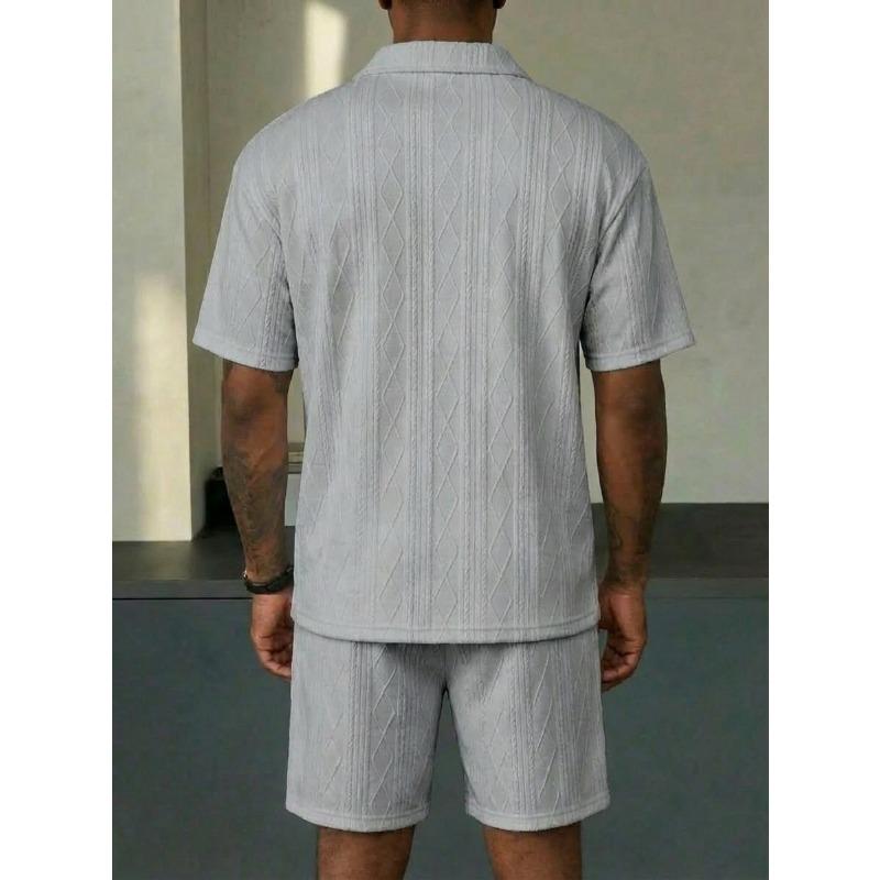 Men Cable Knit Texture 2 Piece Outfit Short Sleeve Polo Shirt And Casual Shorts Set