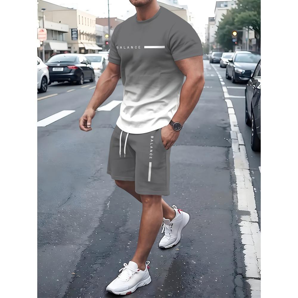 Summer men's short sleeved shorts set with gradient letter digital print