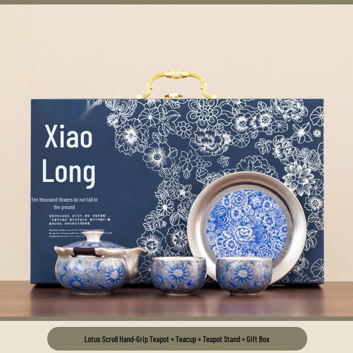 High-End Gilded Silver Lotus Porcelain Tea Set: Includes Kettle & Two Cups Lotus Scrollwork