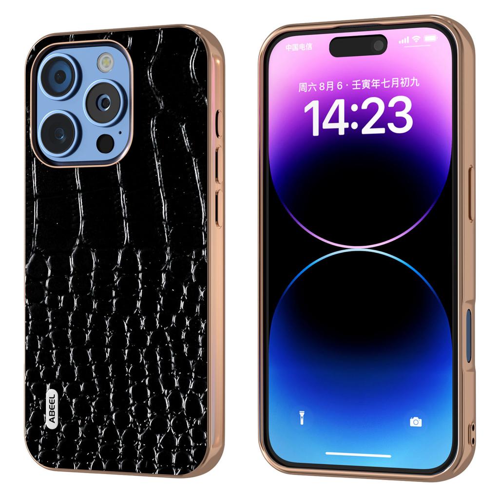 ABEEL For iPhone 16 Pro Case Electroplating Edge Crocodile Texture Genuine Cow Leather Back Phone Cover