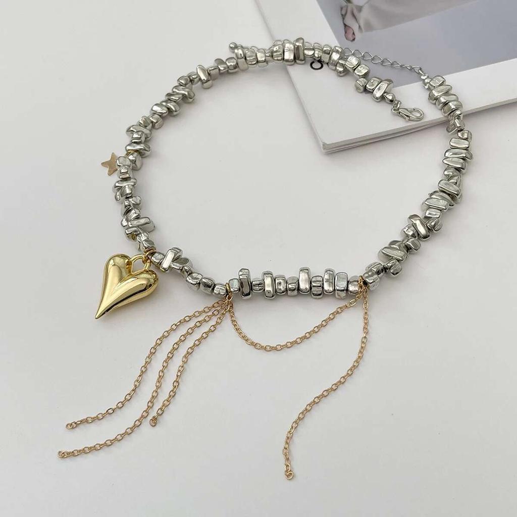 PuRui Fashion copper Color Irregular CCB Beads Heart Pendant Necklace Women Elegant Noble Qi Alloy Clavicle Chain Party Zircon