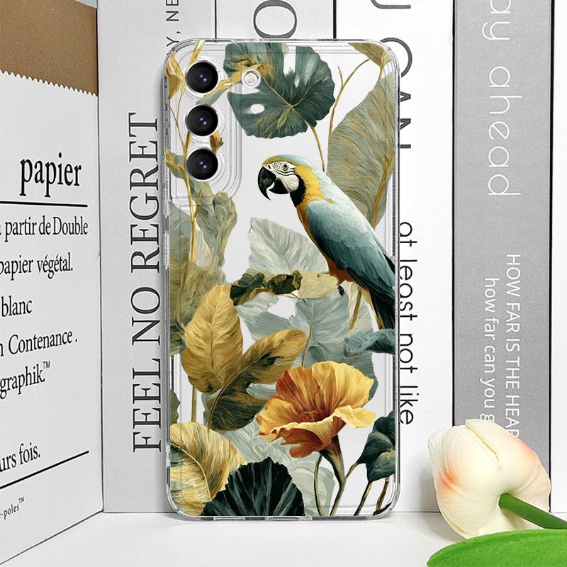 Cartoon Leaves Palm Tree Flowers Bird Phone Case for Samsung Galaxy S25 Ultra S25 Fe S24 S23 FE S22 S21+ S20 Plus 5G Soft Cover