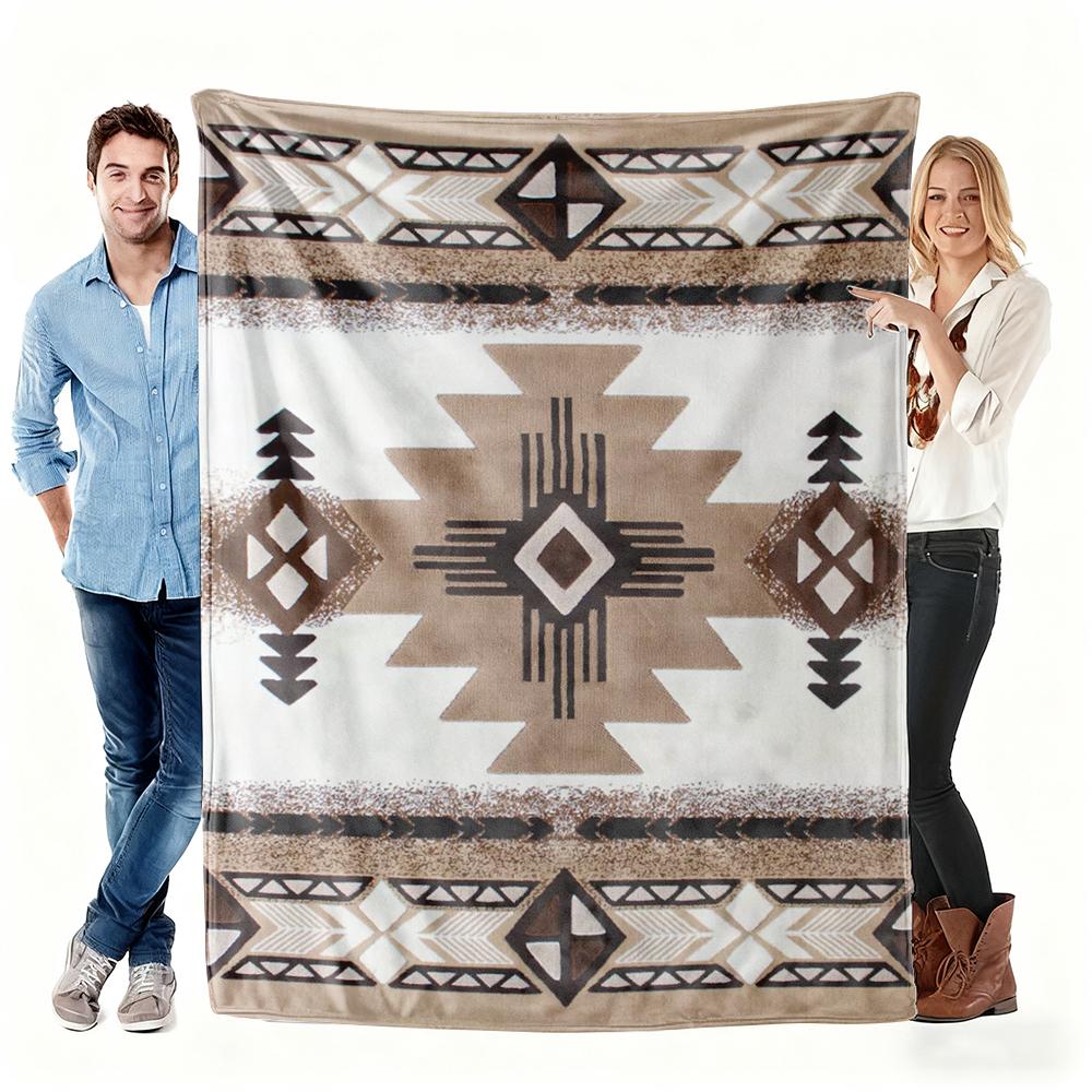 Southwestern Navajo Pattern Flannel Blanket, Tribal Geometric Art Throw, Soft Cozy For Western Style Home Decor Couch Gift