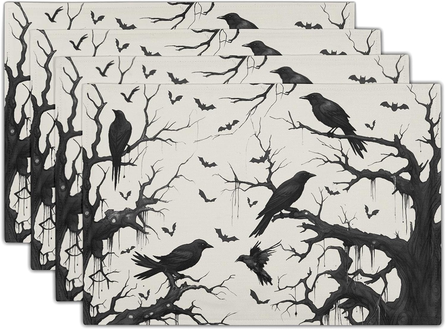 

Crow Halloween Placemats Set of 4 18x12 Inch Ravens and Bats in Forest Linen Place Mats Wipeable Holiday Table Mat 4PCS