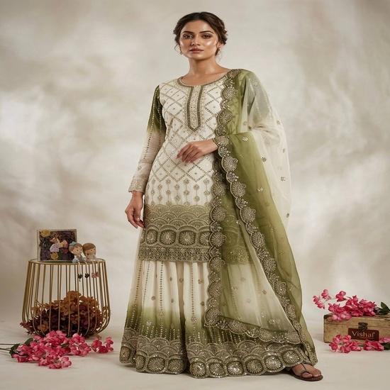 Elegant Embroidered Ombre Sharara Suit Set with Scalloped Dupatta M