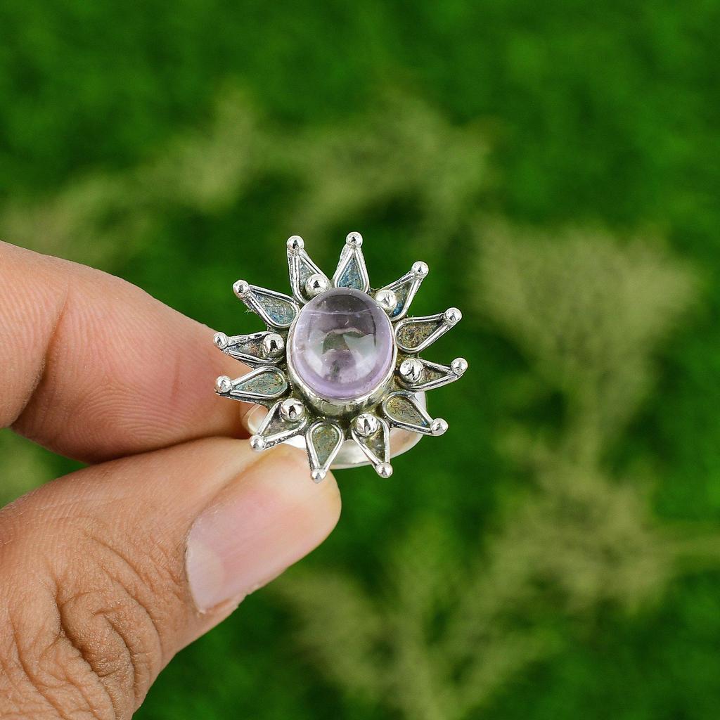 925 Silver Natural African Amethyst Stackable Flower Adjustable Ring