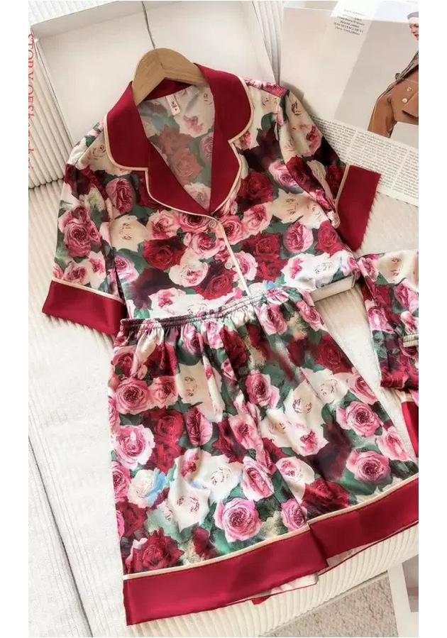 Women's Summer Floral Long Sleeve Loose-Fit Ice Silk Pajamas - Comfortable, Breathable, High-End Feel