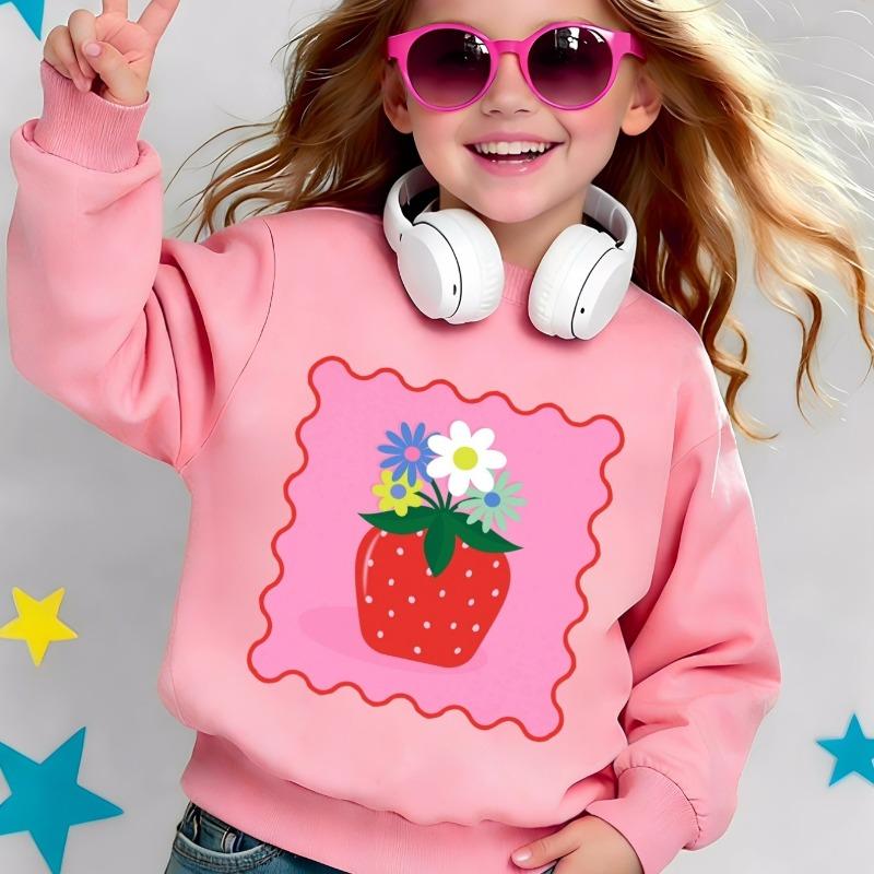 Kids Crewneck Sweatshirt, Cartoon Strawberry & Floral Graphic Print, Spring Autumn Casual Tops