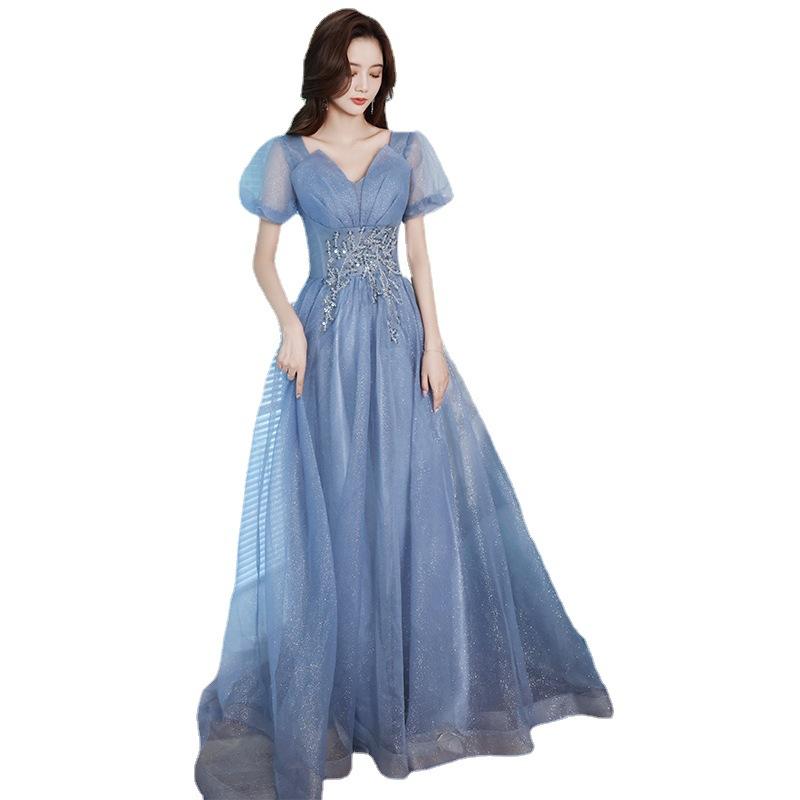 Blue Evening Dress Dress Women's 1011 New Summer Fairy Temperament French Long Annual Meeting Host Slim Dress