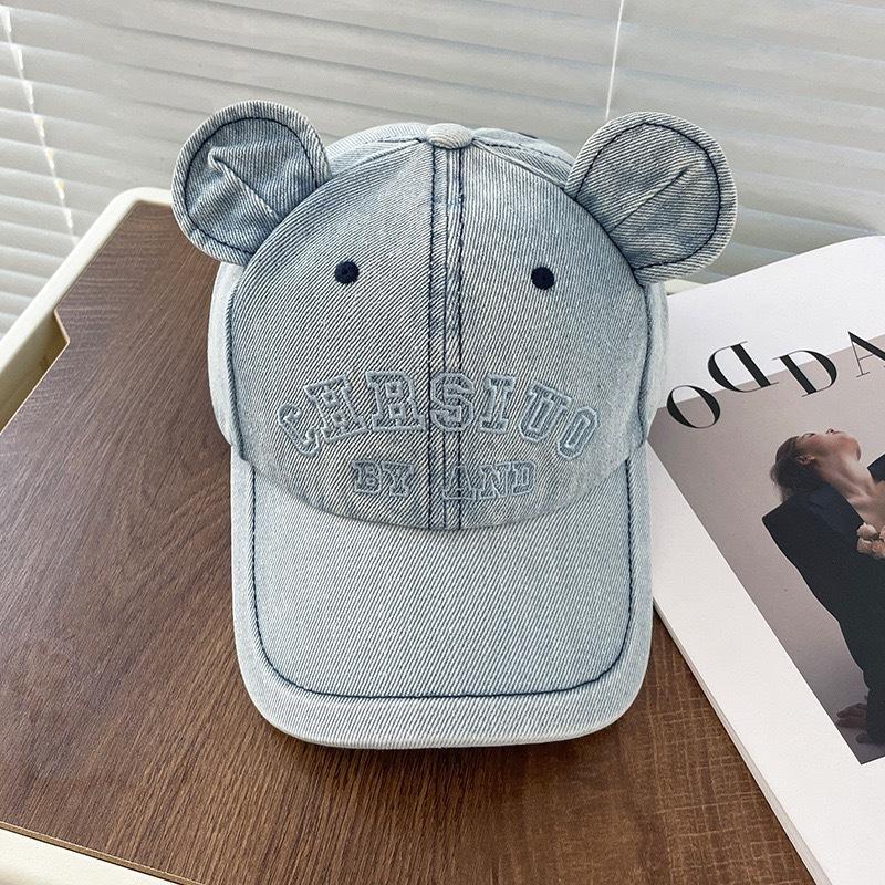Fashion Hat Cute Bear Ears Baseball Cap Children's Korean version shows a small face, washed big head circumference, deep top denim embroidered cap