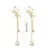 Delicate Flower Design Dangle Earrings With Simulated Pearls Chain Bridal Jewelry Glossy Gold or Silver Finish