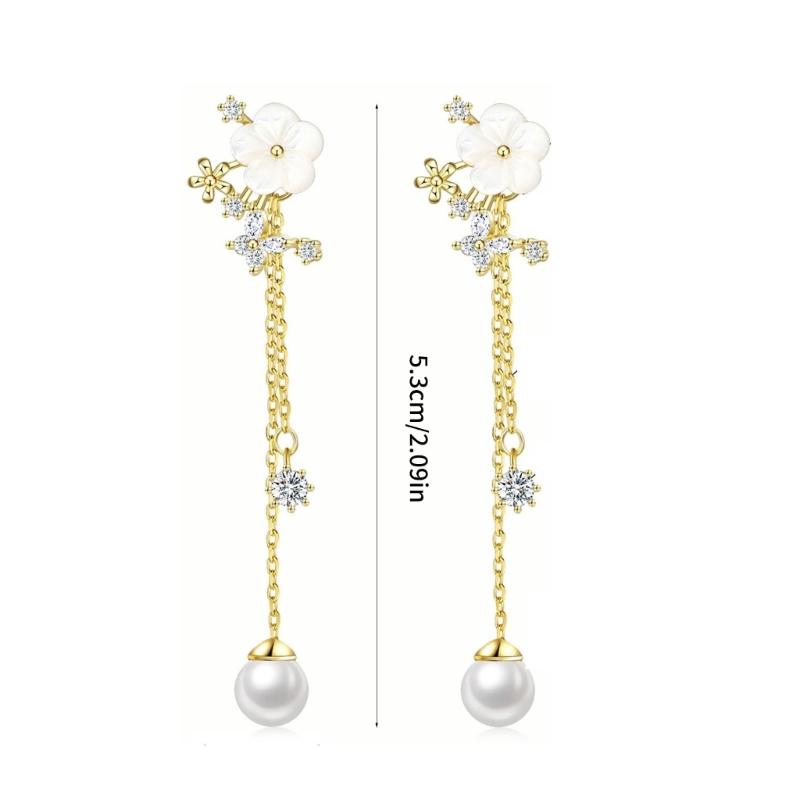 Delicate Flower Design Dangle Earrings With Simulated Pearls Chain Bridal Jewelry Glossy Gold or Silver Finish