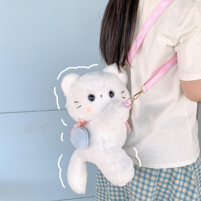 Cute Scarf White Cat Plush Doll Cartoon Shoulder Bag With Detachable Strap For Daily Use