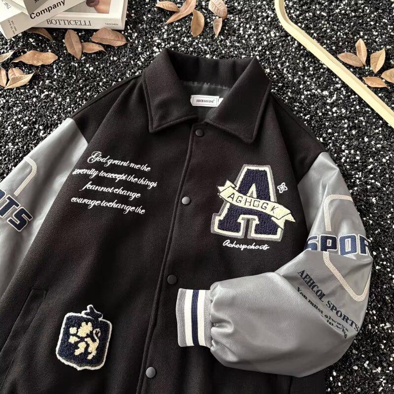 

Новая осенняя американская ретро бейсбольная куртка для пары, мультяшная вышивка, трендовое свободное бейсбольное пальто M чёрный