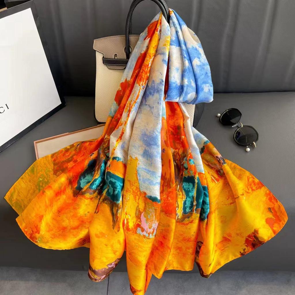 Silk scarf female spring and autumn fashion printing simulation silk temperament sarong thin section shawl scarf