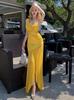 Vacation style Spice Girl yellow suspender dress women's summer pleated slim fishtail dress design sense mesh skirt