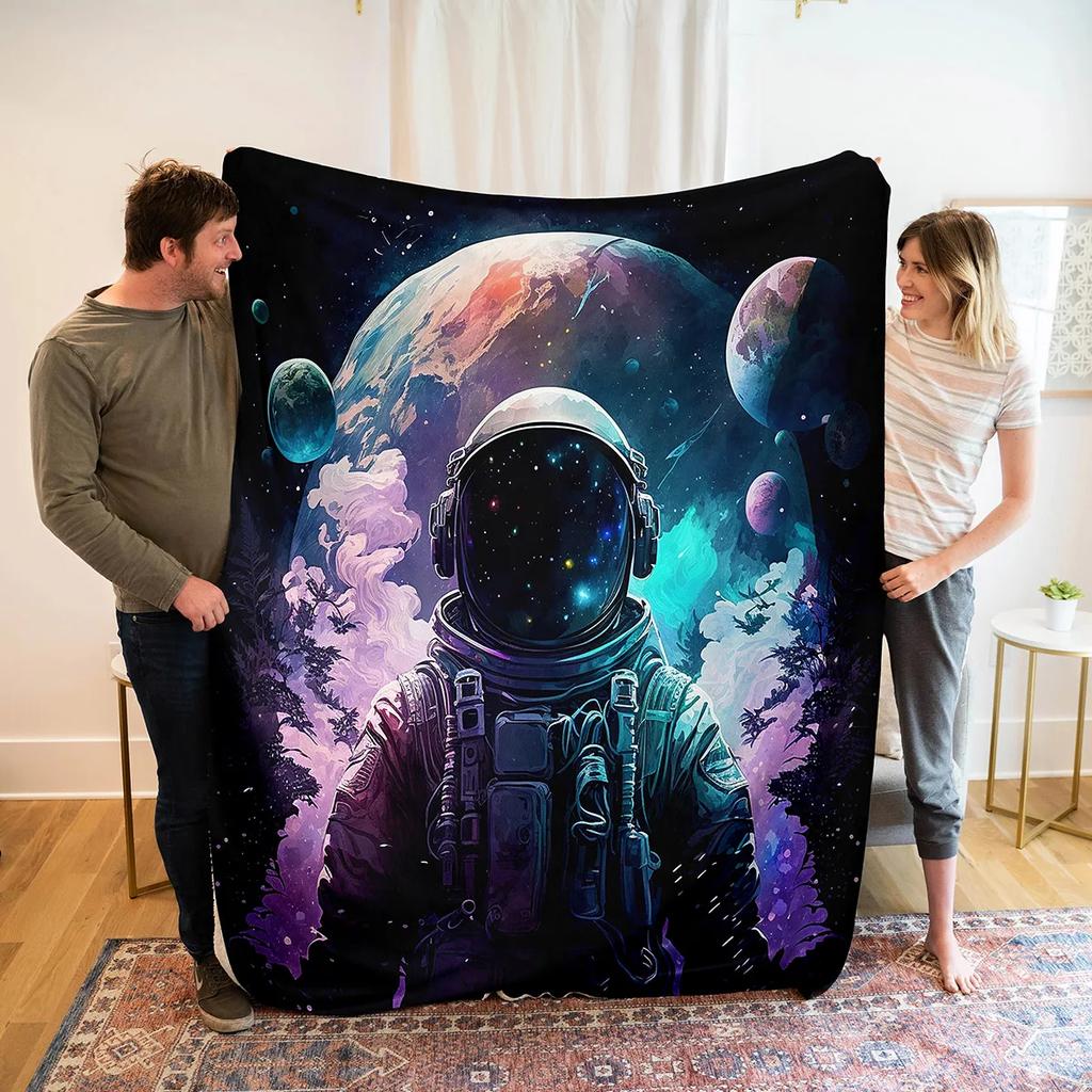 Astronaut Flannel Throw Blanket Galaxy Space Planet Pattern Blanket Lightweight Warm Super Soft for Bed Sofa Couch Travel Decor