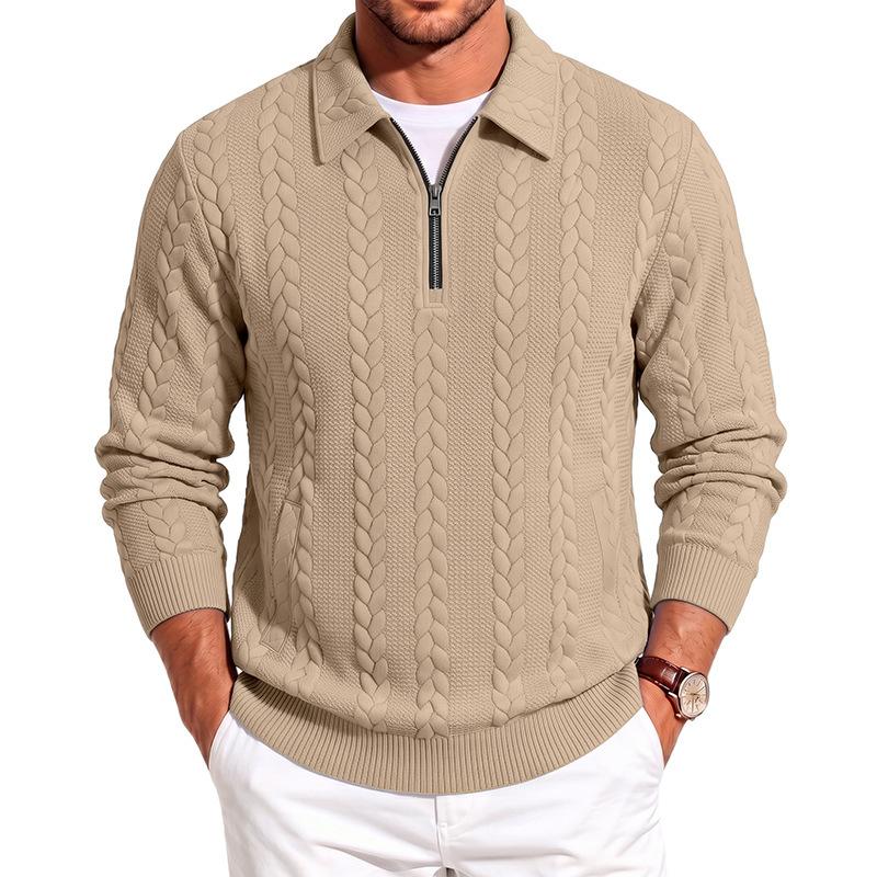 Autumn And Winter Heavy Jacquard Texture Pattern Men'S Casual Simple Zipper Lapel Long-Sleeved Polo Sweater