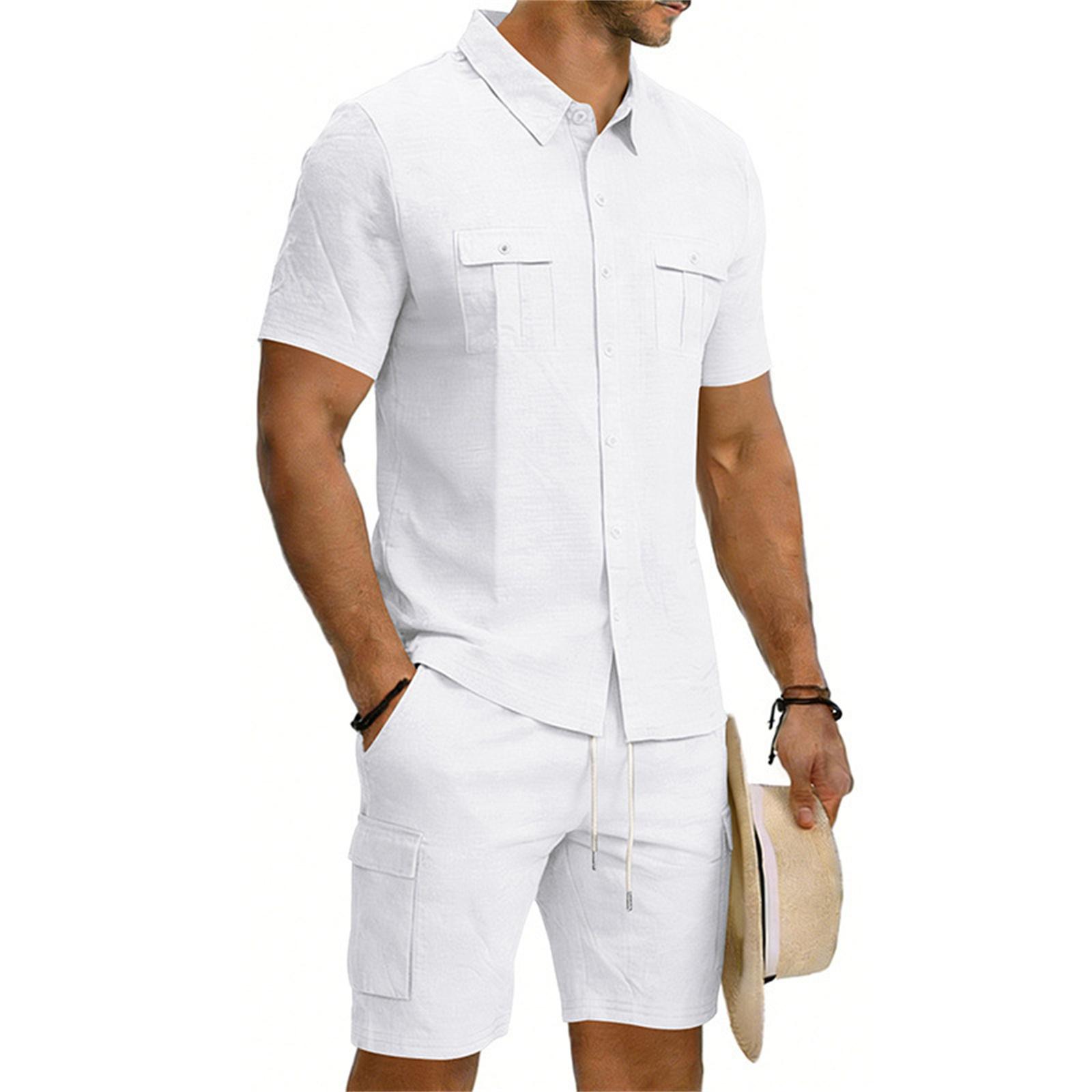 Men s Casual Short-sleeved Tooling Shirt Multi-pocket Shorts Set M белый