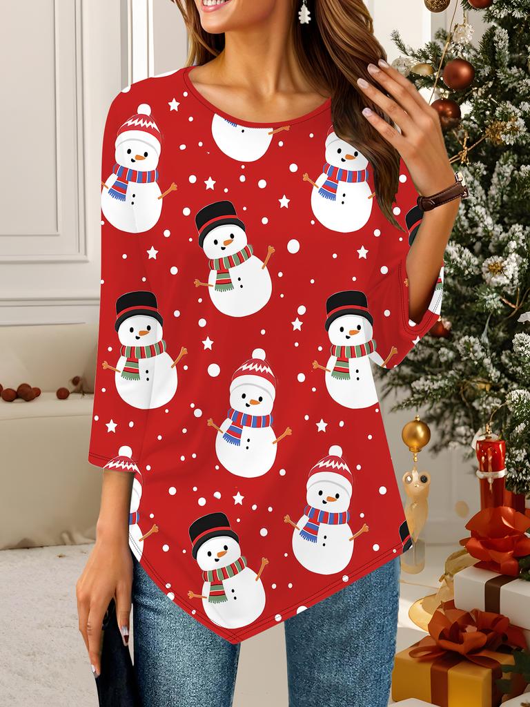 Women's Loose Round Neck Three Quarter Sleeve Tee 3D Christmas Pattern Ideal Halloween and Christmas Gift