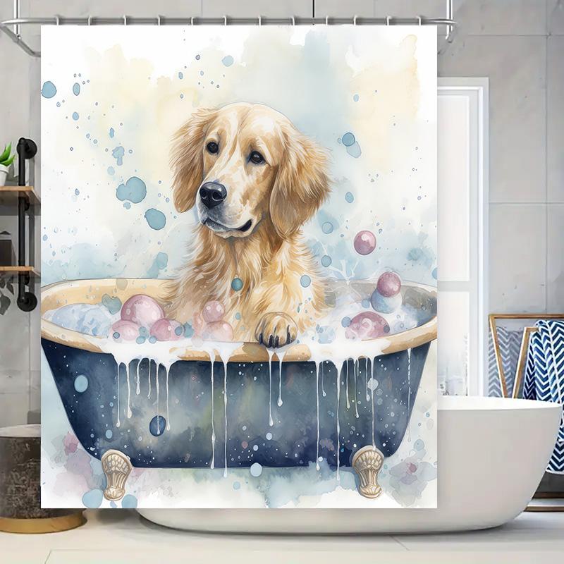 

Golden Retriever Bathtub Art Shower Curtain Bathroom Decor With Blue Bubbles White Splashes Size 72X84 Inches For Pets Lovers De W60H190(CM)-1 Pcs