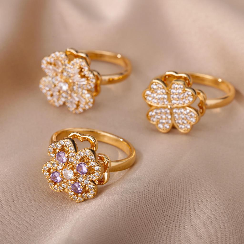 Zirkon Drehbare Vierblättriges Kleeblatt Angst Ringe Für Frauen Edelstahl Anti-Stress Fidget Spinner Ring Ästhetische Schmuck Geschenk
