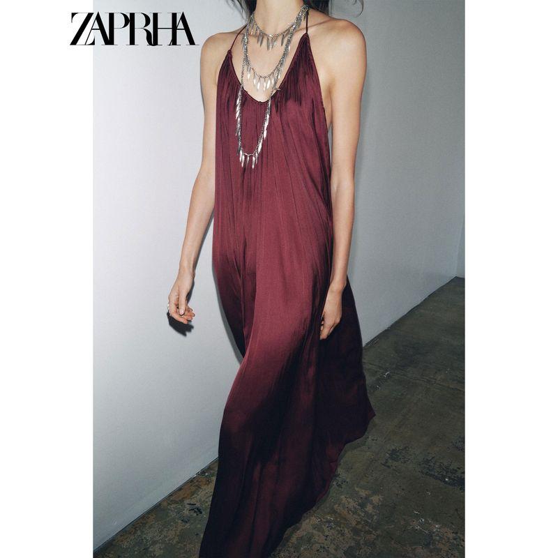 Zaprha 2025 Summer New Round Neck Cross Sling Silk Satin Texture Asymmetric Length Dress 8040019