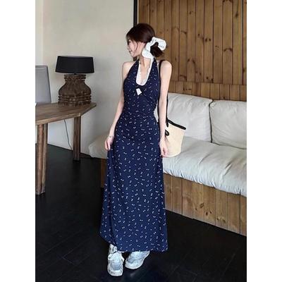 French Blue Floral Neck Sling Dress, Children's Summer New Thin Temperament Hip-wrapped Dress