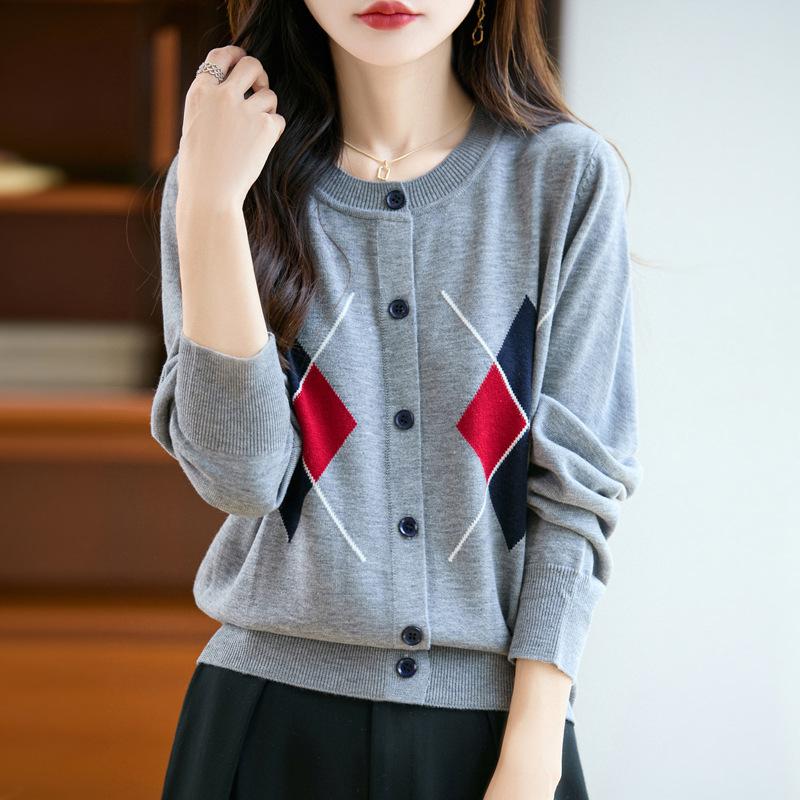 Cardigan Haut de Gamme Automne et Hiver, Haut Court Ample et Décontracté, Veste Pull à Col Rond et Motifs Diamant pour Femmes