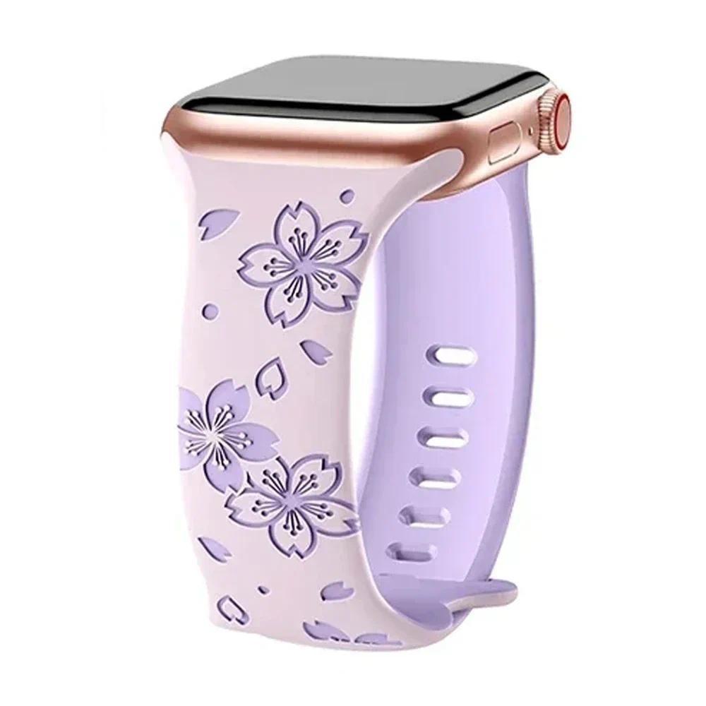 Silicone Band Engraved Floral Strap for Apple Watch 38mm 40mm 41mm 42mm 45mm 46mm 49mm iWatch Series 11 10 9 8 7 6 5 4 3 2 1 Se