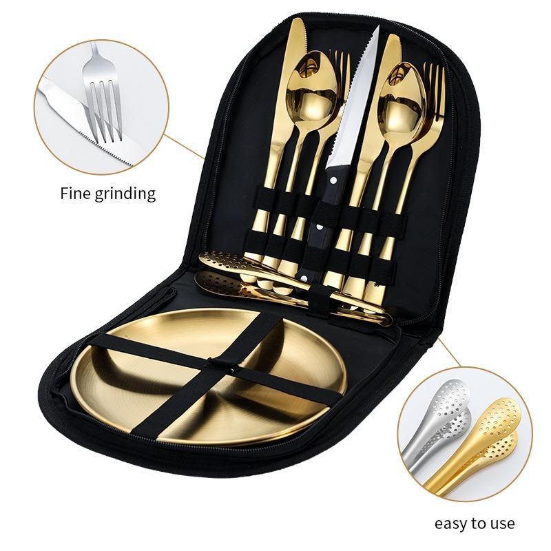1SET/10PCS Stainless Steel Outdoor Tableware, Camping Picnic Barbecue Steak Knife, Fork, Spoon Plate Portable Tableware Set