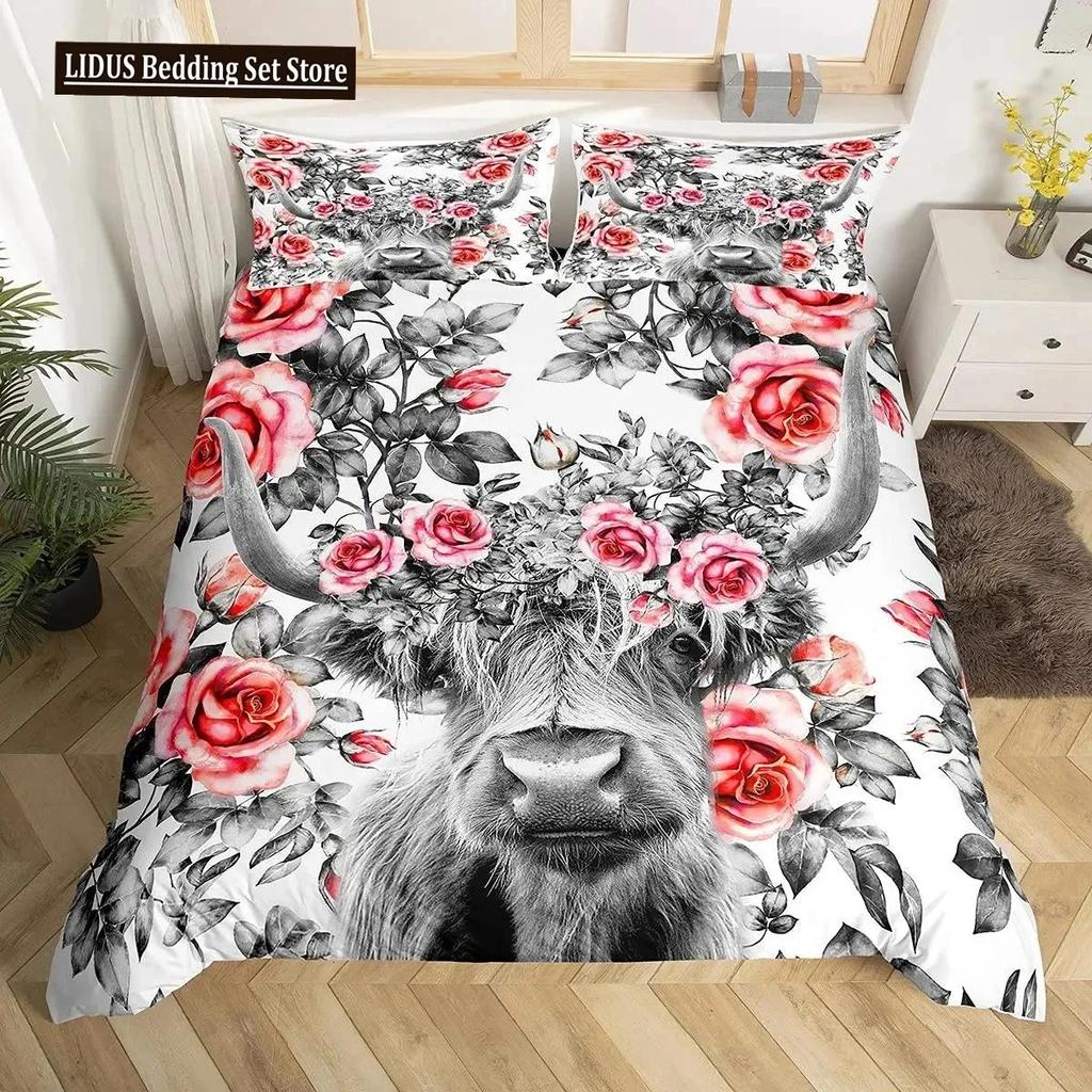 Highland Cattle Påslakanset Sött Blommigt Ko Dubbelt Sängklädesset Gul Solros Täcke Djur Polyester Quiltöverdrag