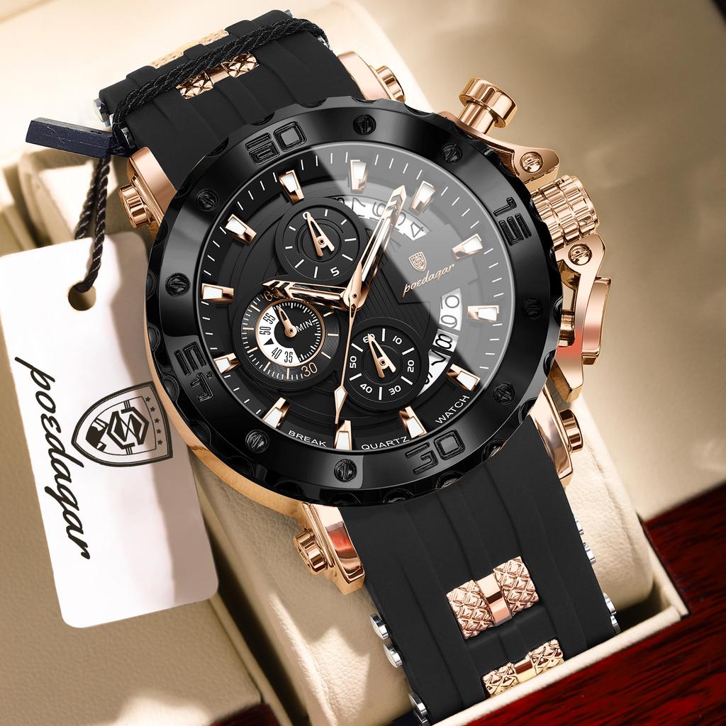 POEDAGAR Top Sport Man Watch Chronograph Waterproof Luminous Fashion Men Clock Date Silicone Strap Quartz Military Men's Watches