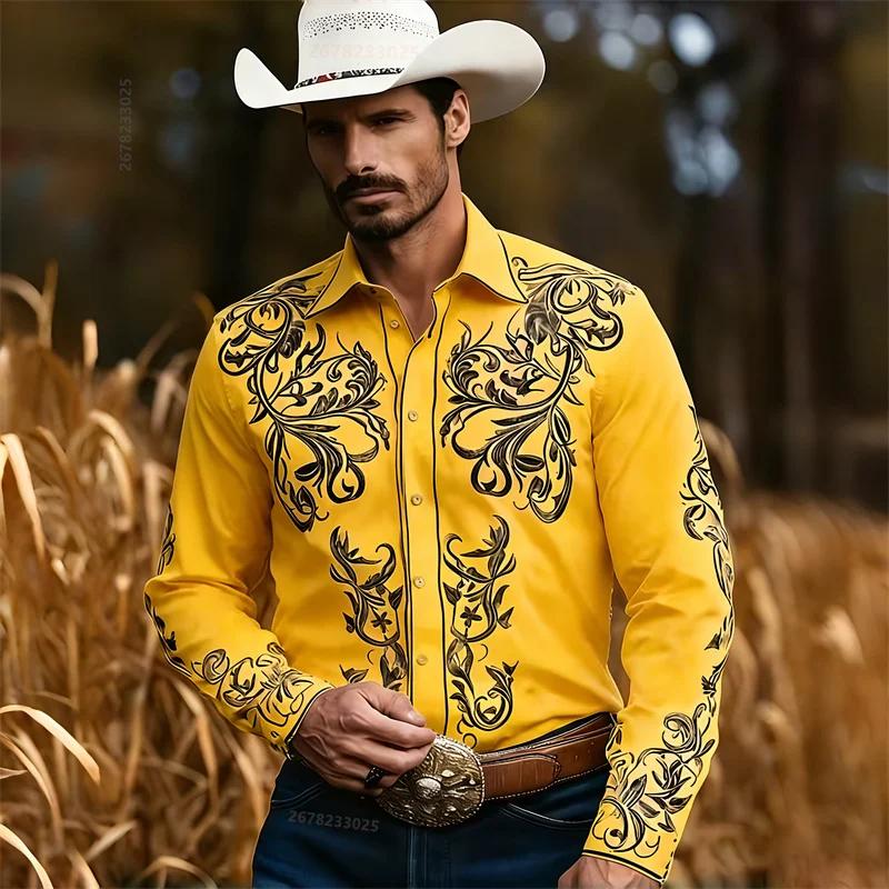 Chemise Western Décontractée en Denim pour Homme, Nouvelle Mode, Motif Imprimé 3D, Chemise Décontractée Rétro pour Vacances avec Boutons, Manches Longues Shi