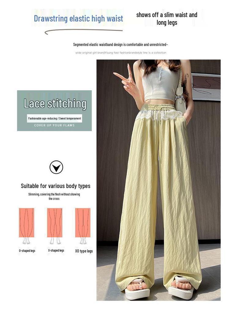 High-Waist Lace Splice Women's Spring/Summer Loose Straight-Leg Pants