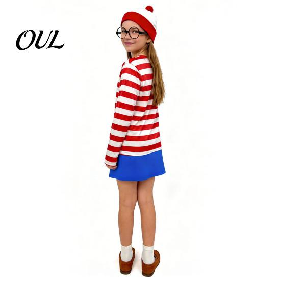 Costume Gioco di Ruolo per Bambini Adulti Halloween Camicia a Righe Rosse Bianche per Adulti Bambini, Occhiali da Secchione Outfit per Festival Cappello Incluso, Uomini Donne Bambini